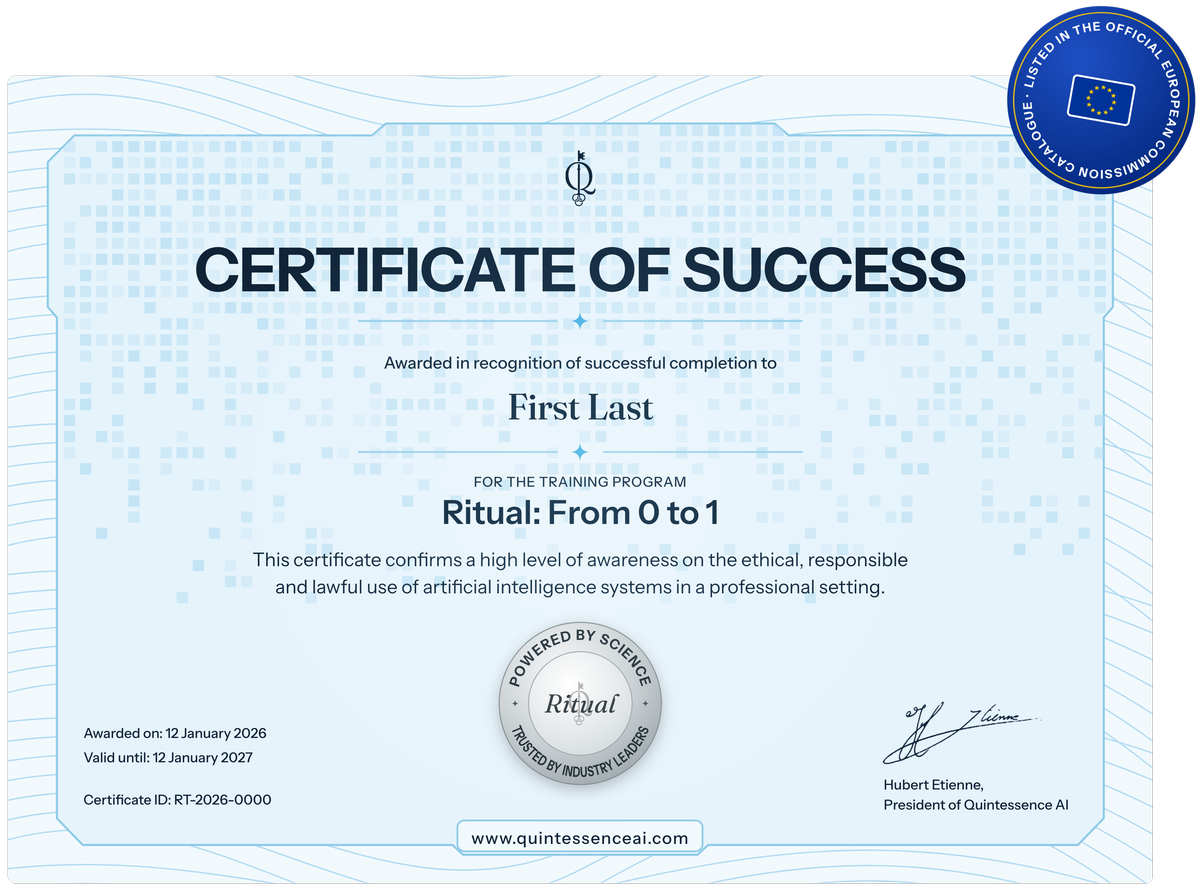 Ritual certificate of success, “Ritual: From 0 to 1”, signed by Hubert Etienne, President of Quintessence AI, with the seal of the official European Commission catalogue